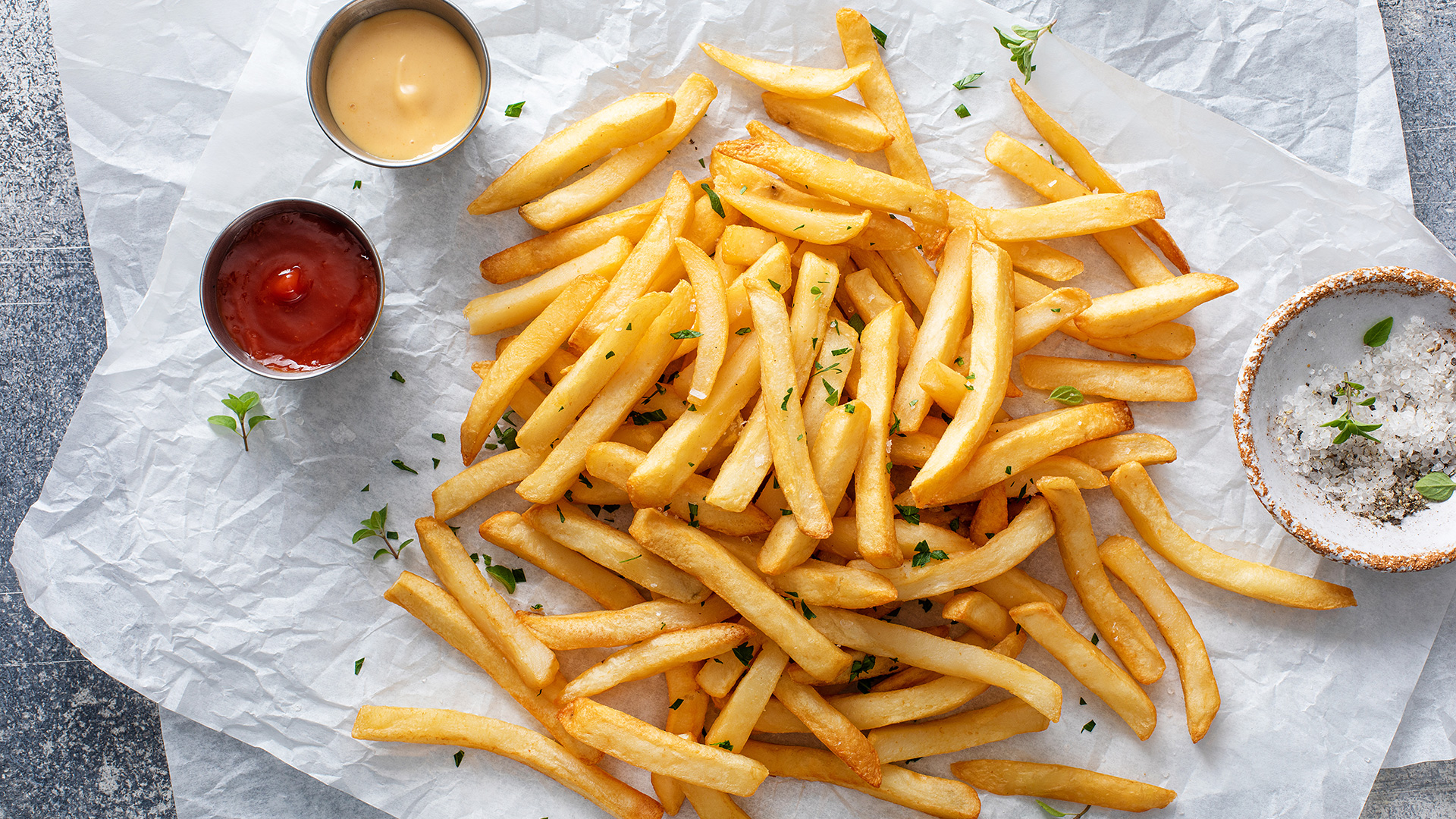french fries with sauces and salt